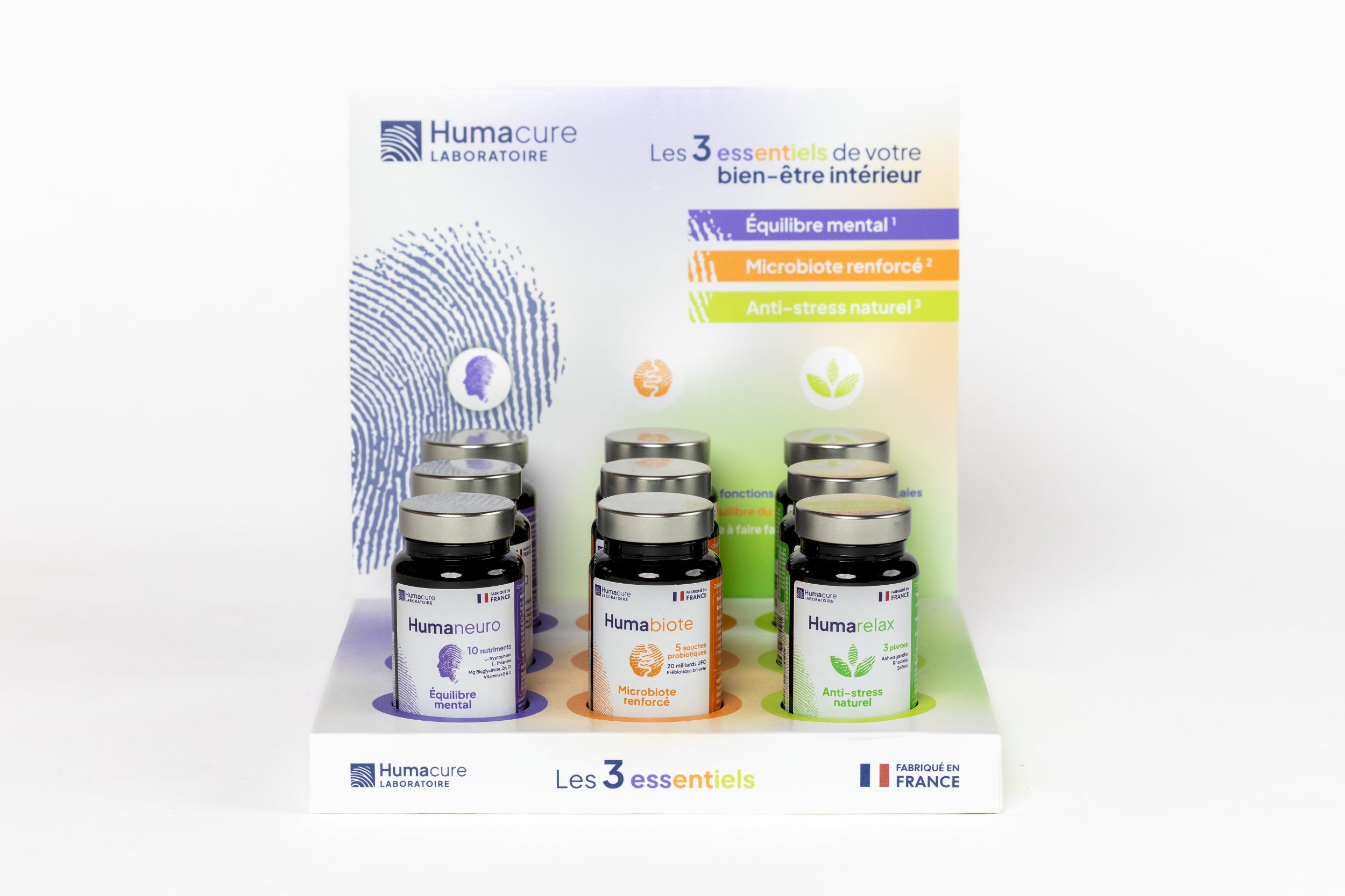 Présentoir, pharmacie, les 3 essentiels, cerveau, microbiote, stress, humacure
